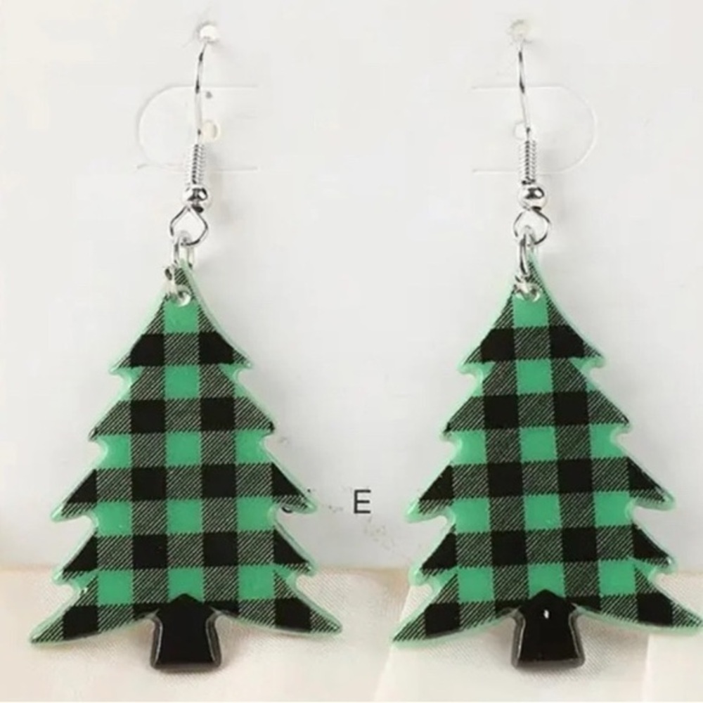NWT - Green & Black Festive Christmas Tree Acrylic Double Sided Dangle Earrings